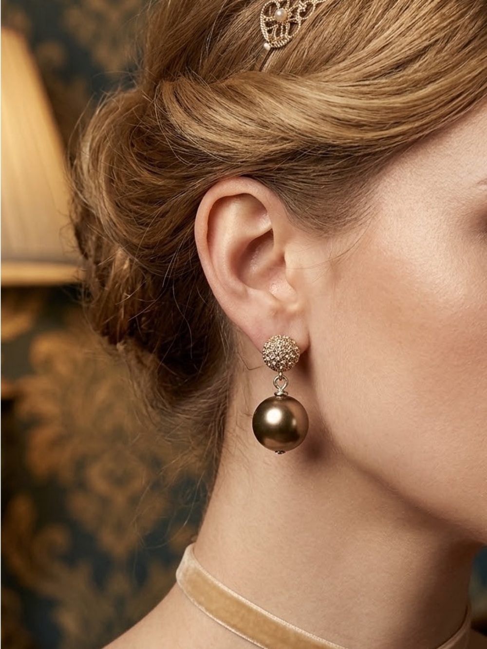 Carolee Gold Texture Large Brown Glass Pearl Earrings